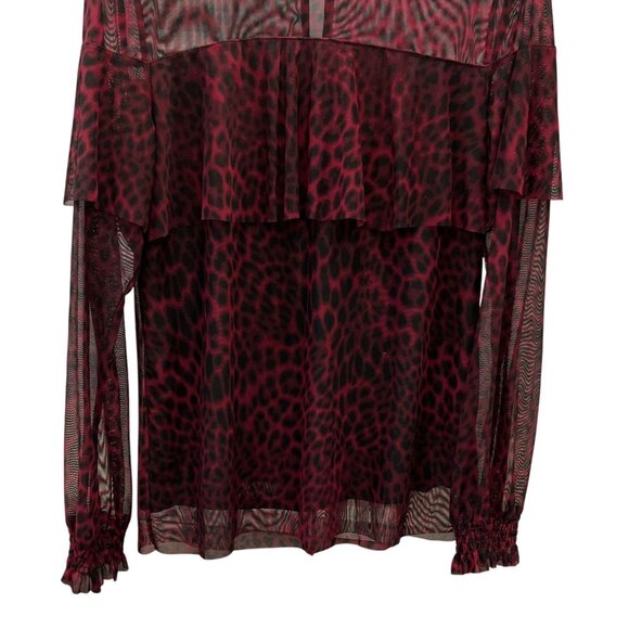 Worthington Womens Sheer Leopard Print Ruffle Blouse Large Black Red Fairygrunge - Picture 3 of 7